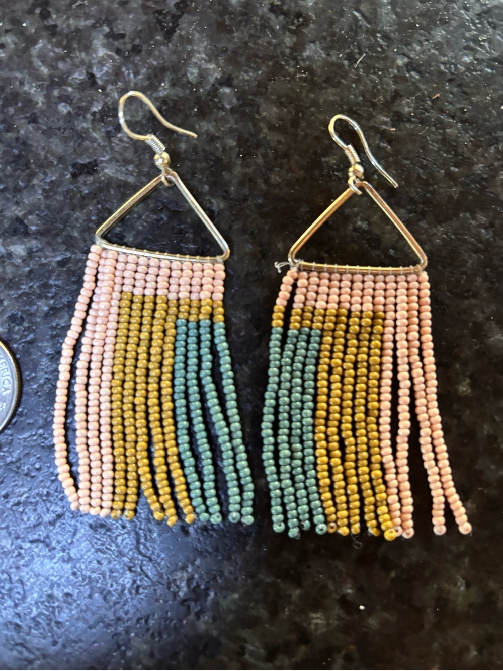 Beaded Fringe Drop Earrings in light Pink, Teal & Green